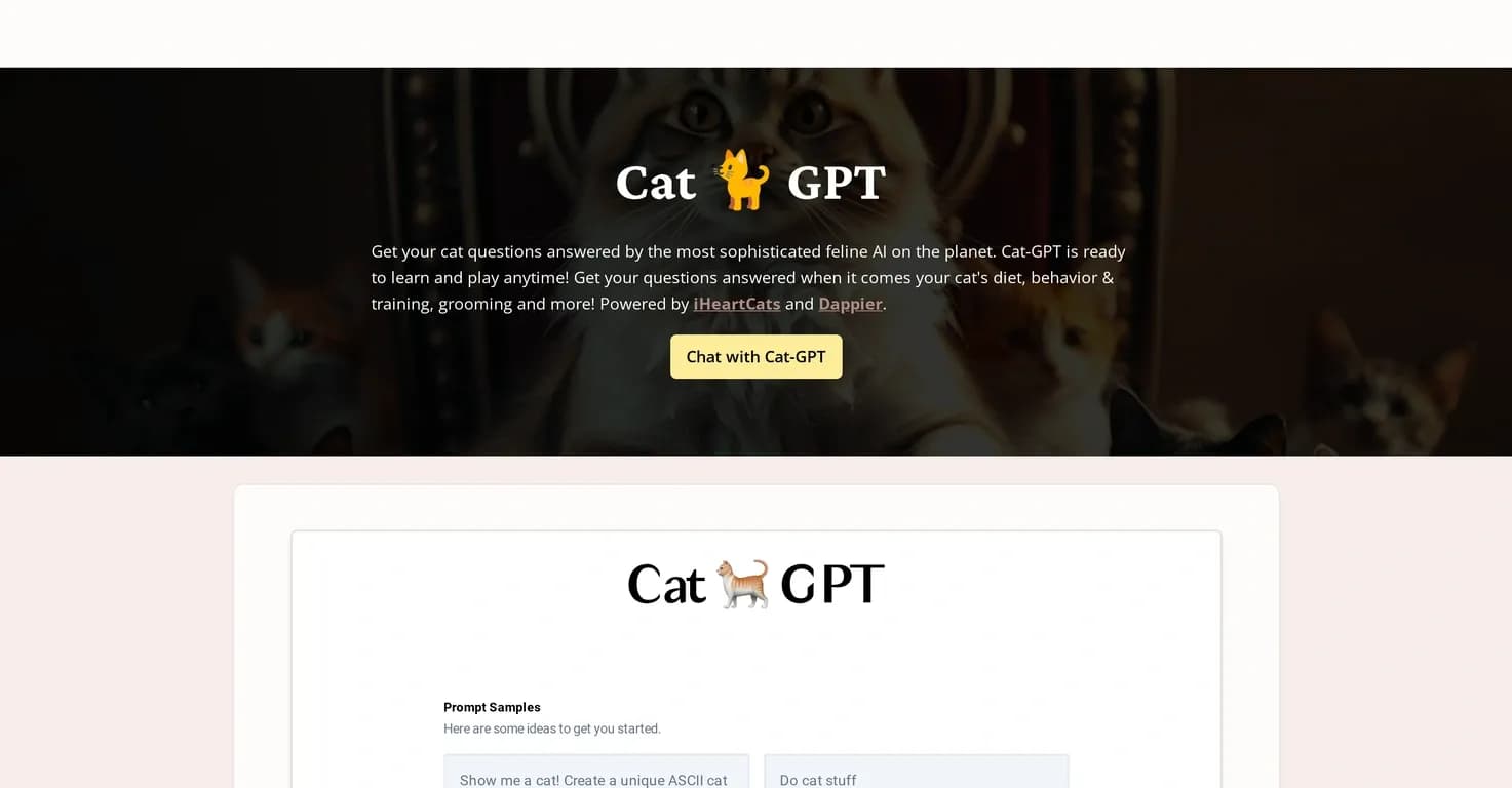 Cat GPT homepage screenshot — AI-powered cat expert for all your feline questions.