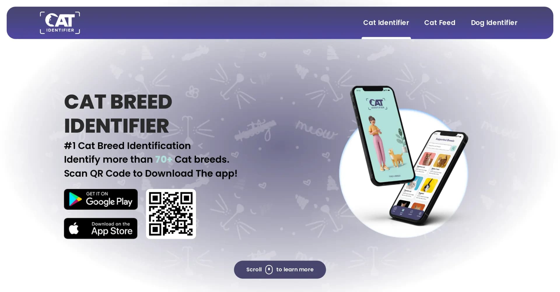 Cat Identifier homepage screenshot — Identify cat breeds with a snap or photo.