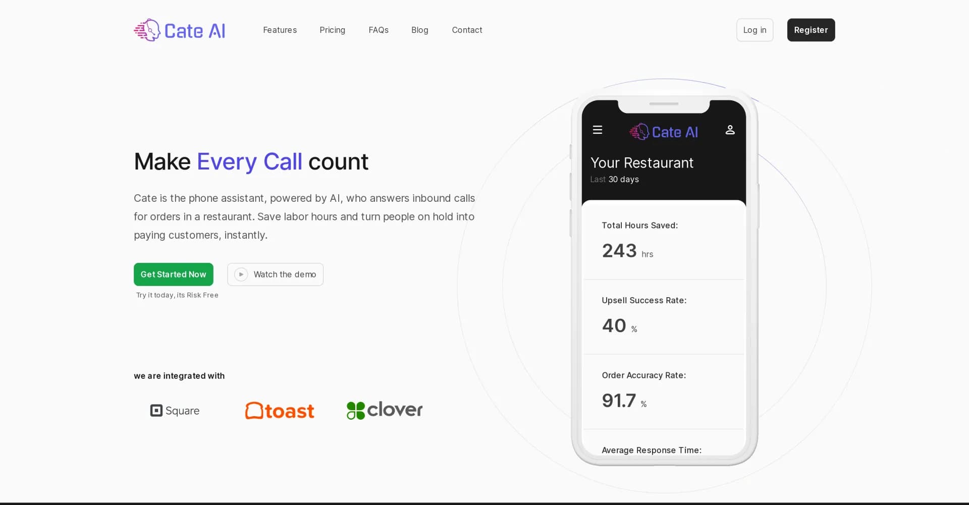 Cate AI homepage screenshot — AI phone assistant for streamlined restaurant ordering.