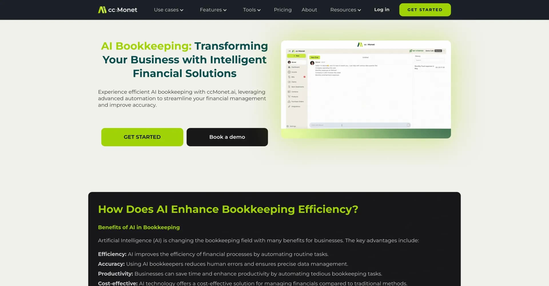 cc:Monet homepage screenshot — AI-powered bookkeeping for effortless financial management.