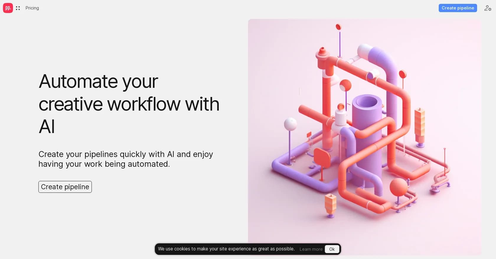 Ceacle Pipeline homepage screenshot — Automate your creative workflow with AI.