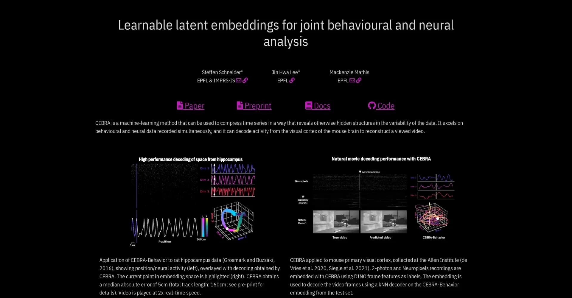 Cebra homepage screenshot — Jointly analyze behavioral and neural data with ease.