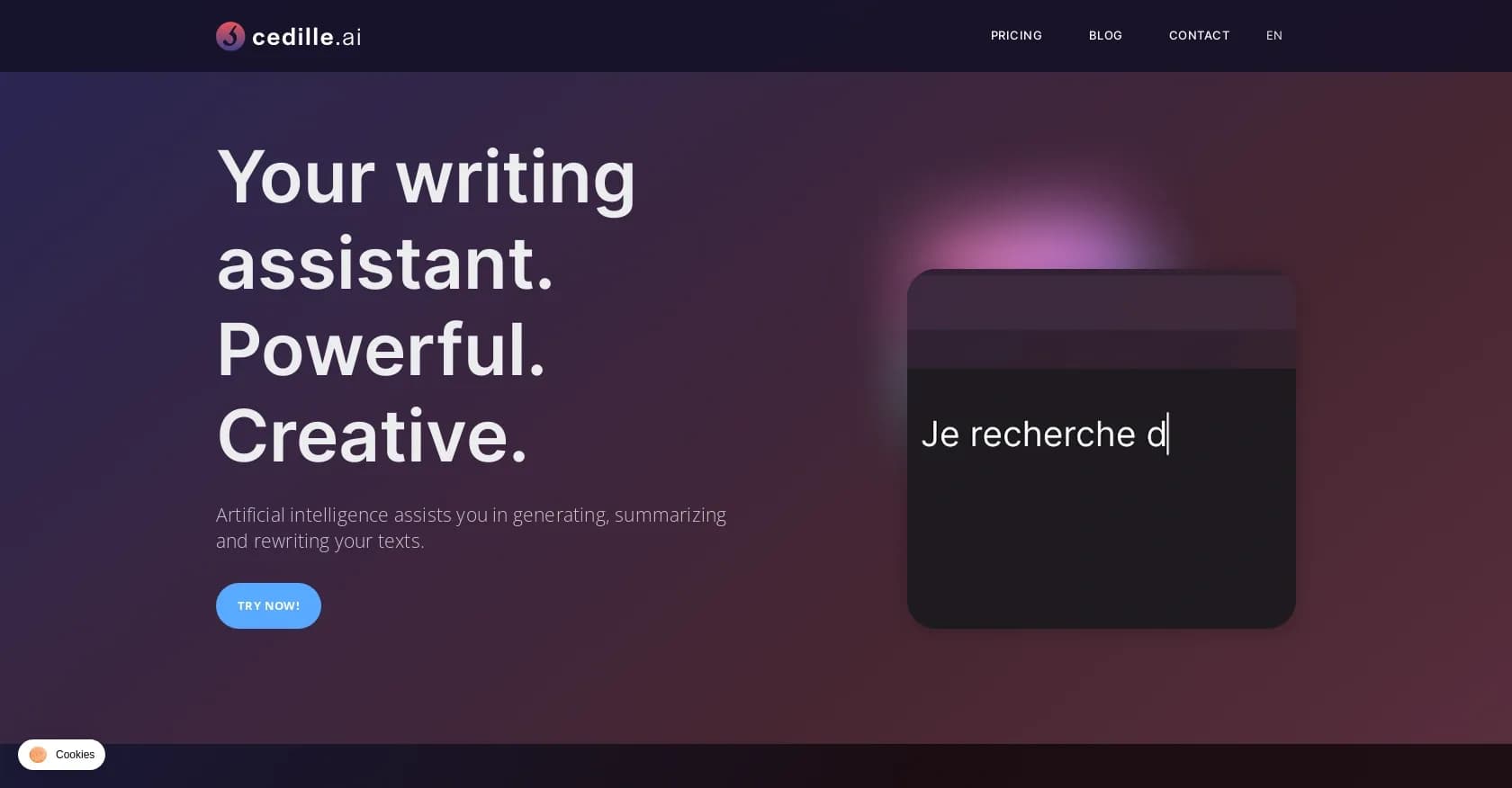 Cedille homepage screenshot — AI-powered writing assistant for quick, creative text genera