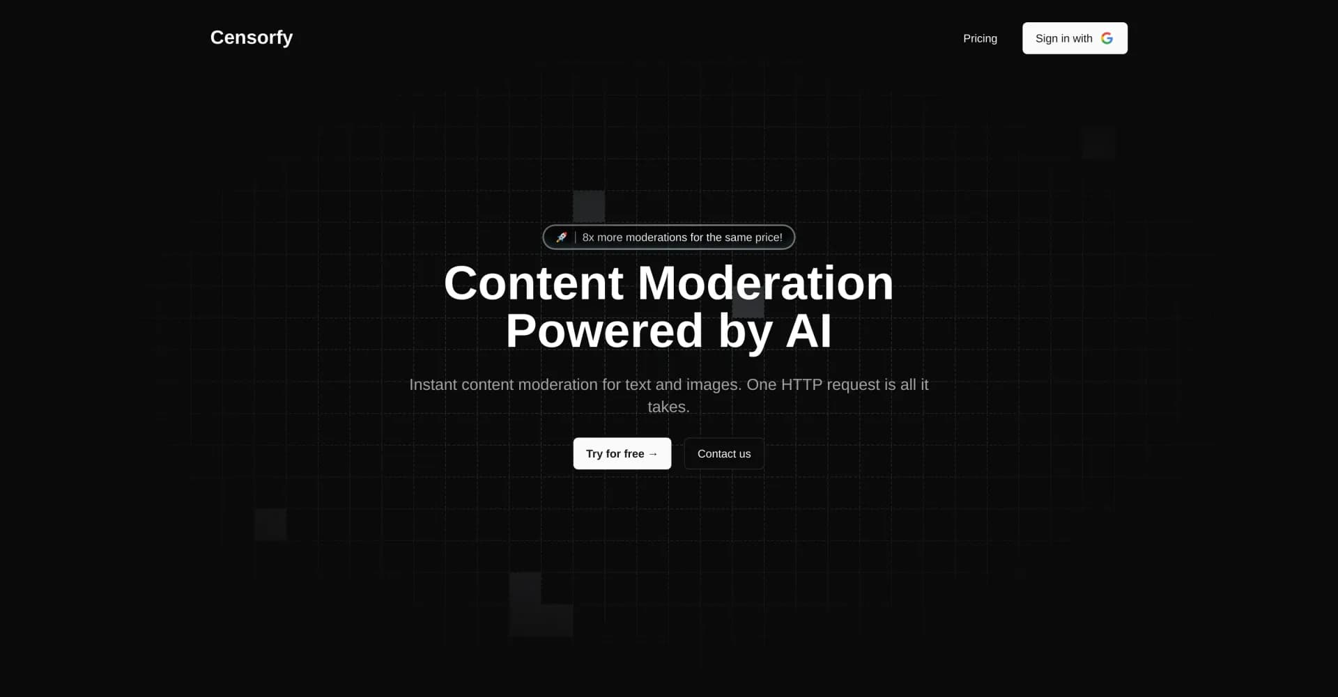 Censorfy homepage screenshot — Instant AI content moderation in one HTTP request.