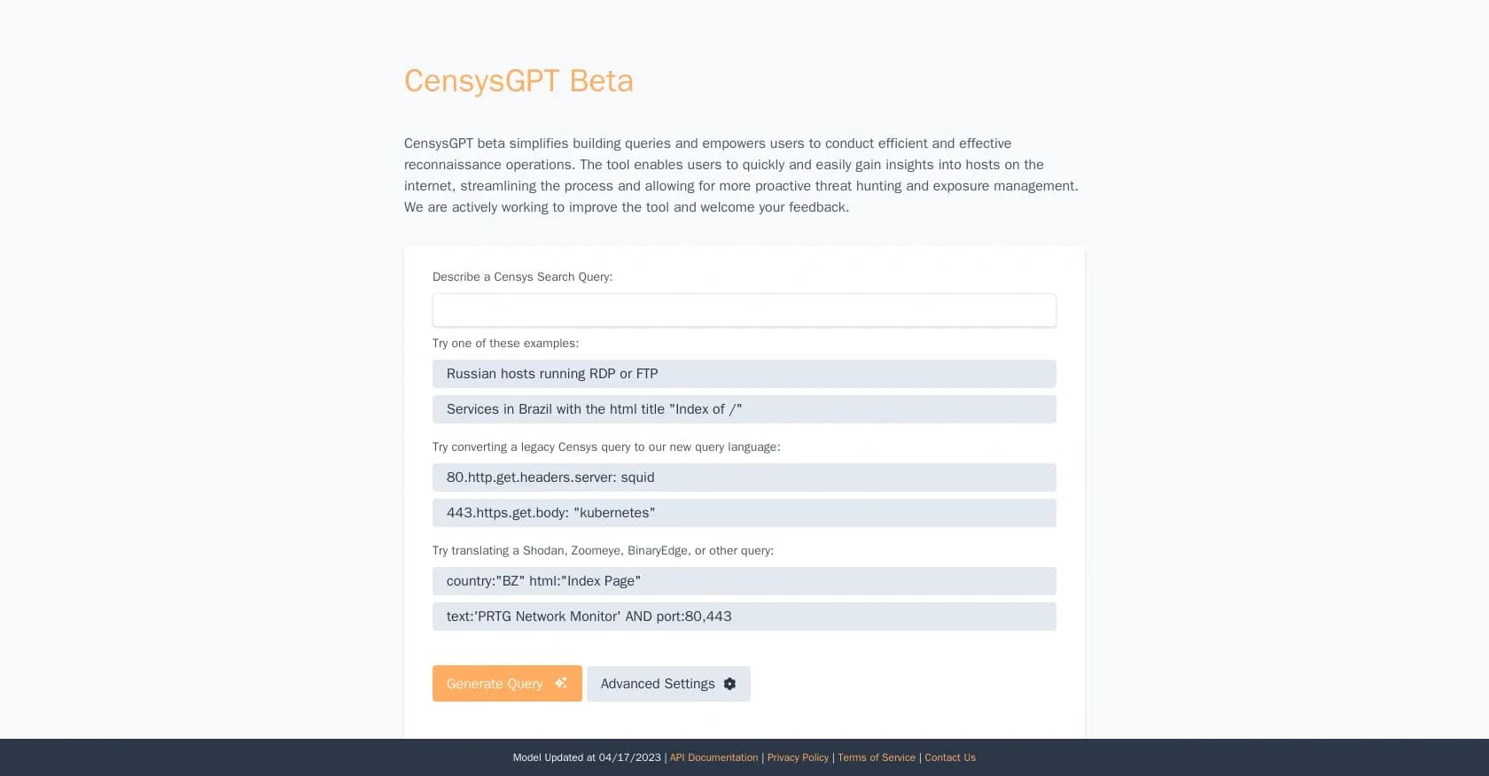 CensysGPT homepage screenshot — Simplify Censys queries for efficient internet reconnaissanc