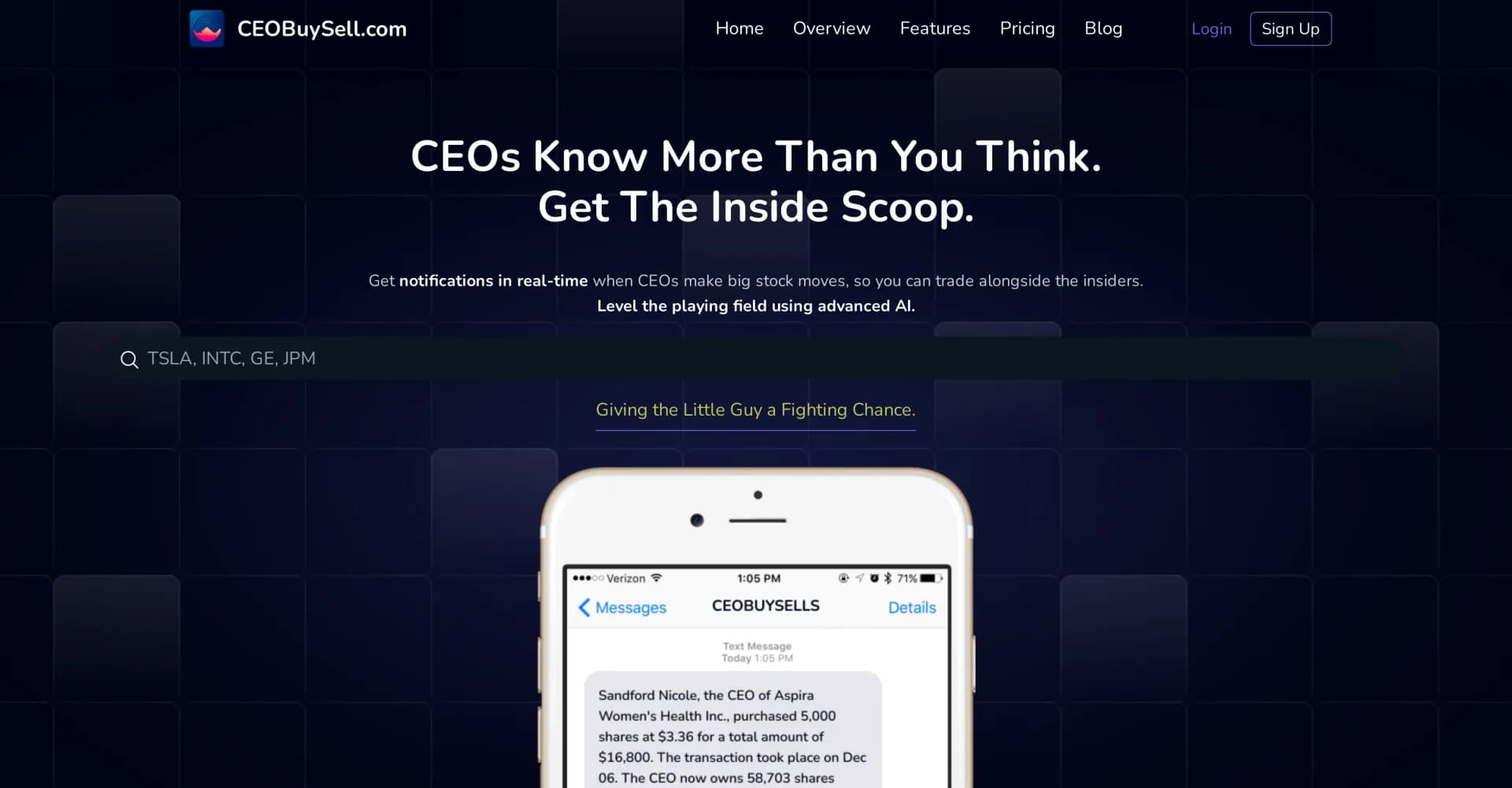 CEOBuySell homepage screenshot — Track insider stock moves like a pro.