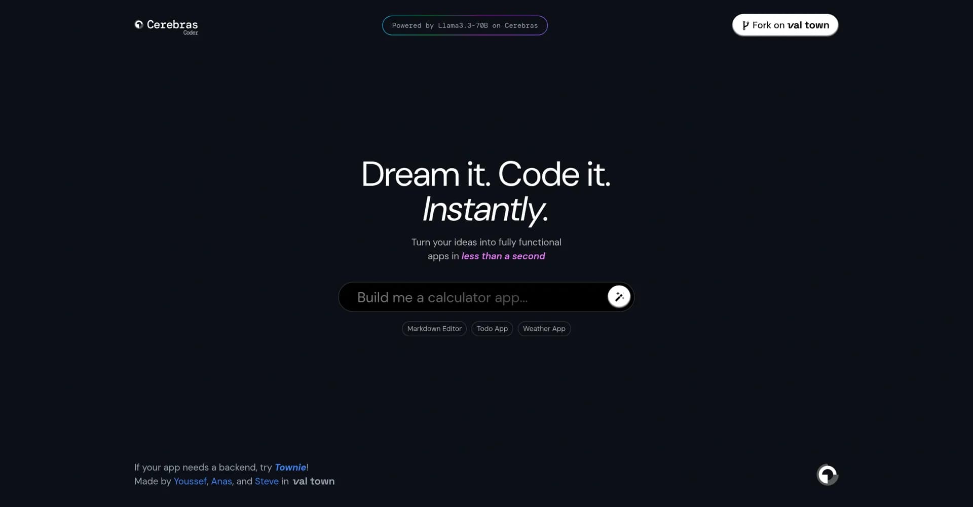 CerebrasCoder homepage screenshot — Turn ideas into apps instantly