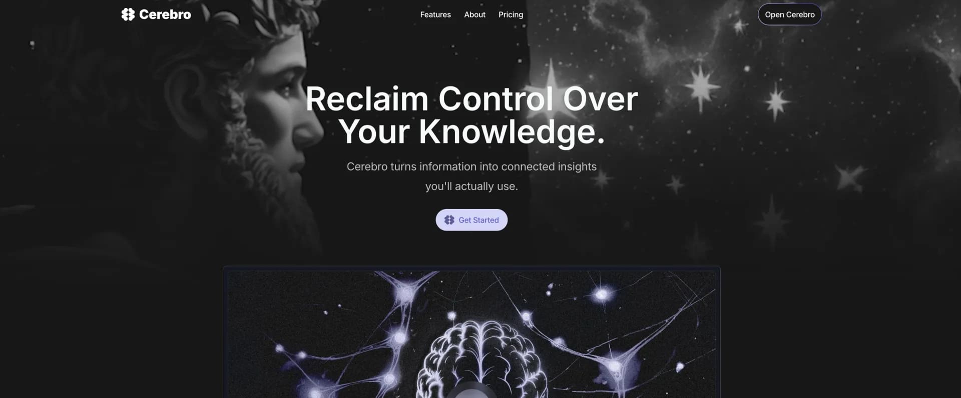 Cerebro homepage screenshot — Amplify your ideas with AI-powered knowledge management.