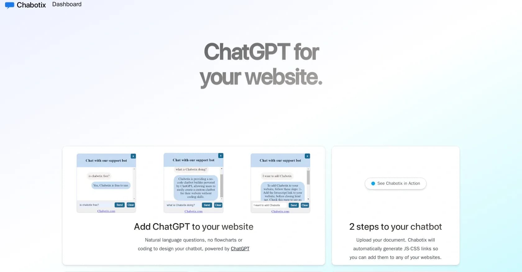 Chabotix homepage screenshot — Add ChatGPT AI chatbot to your website in 2 steps.