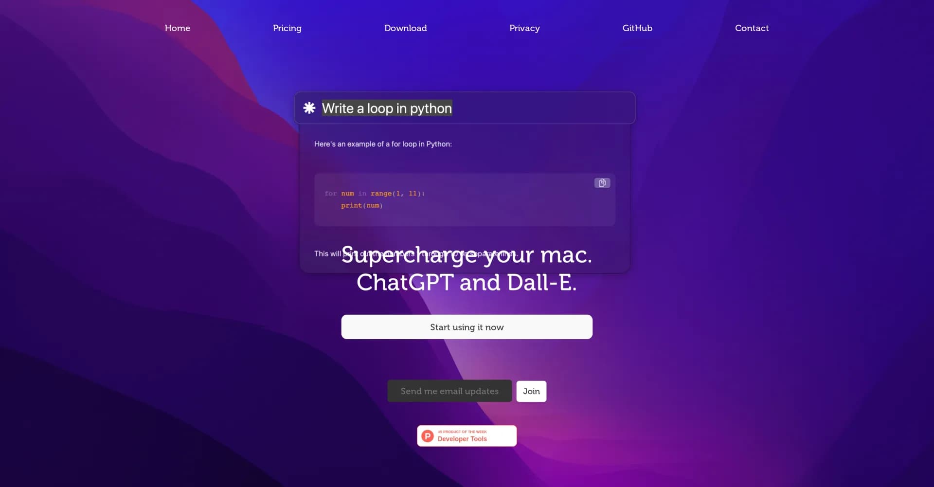 ChaiBar homepage screenshot — Supercharge your Mac with AI: ChatGPT and DALL-E combined.