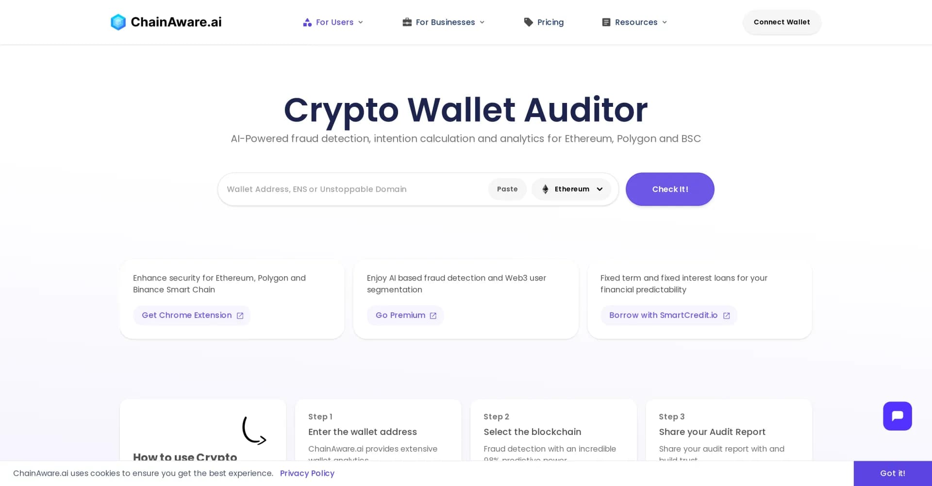 Chainaware homepage screenshot — AI-powered fraud detection for crypto wallets.