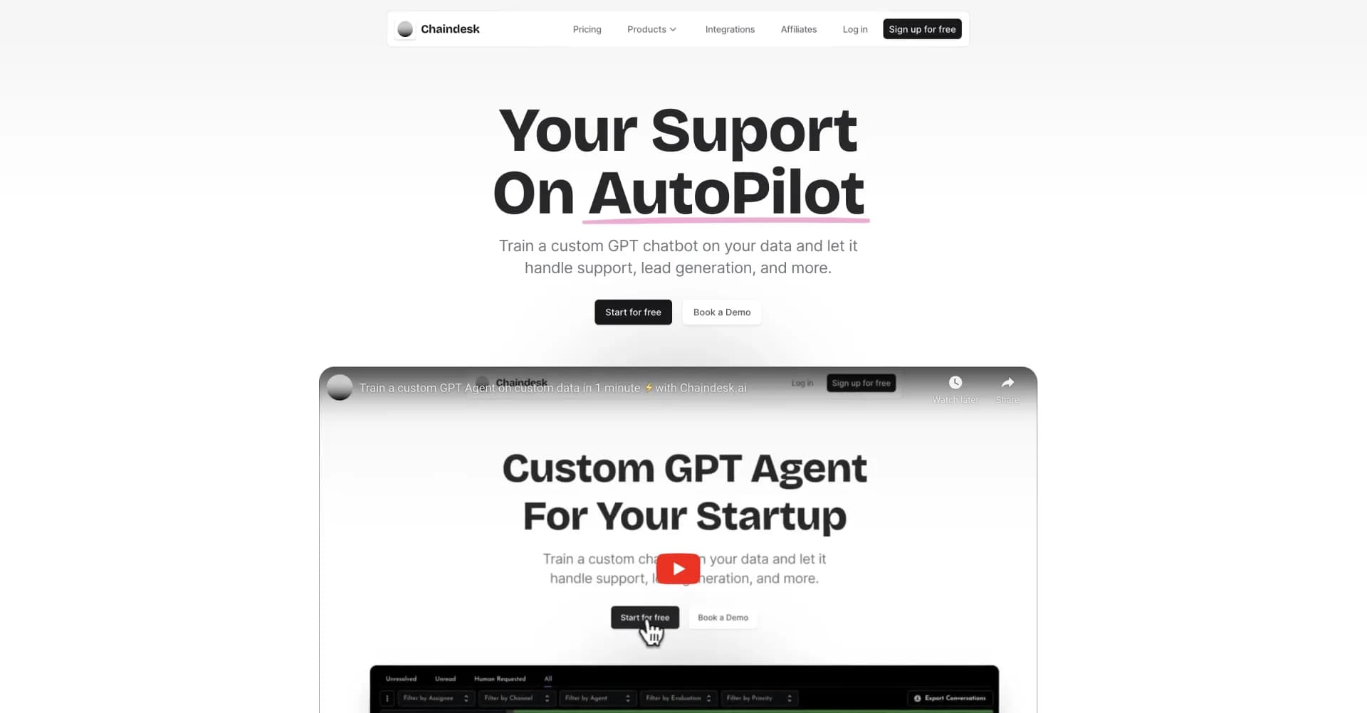 Chaindesk homepage screenshot — Customizable chatbot for support