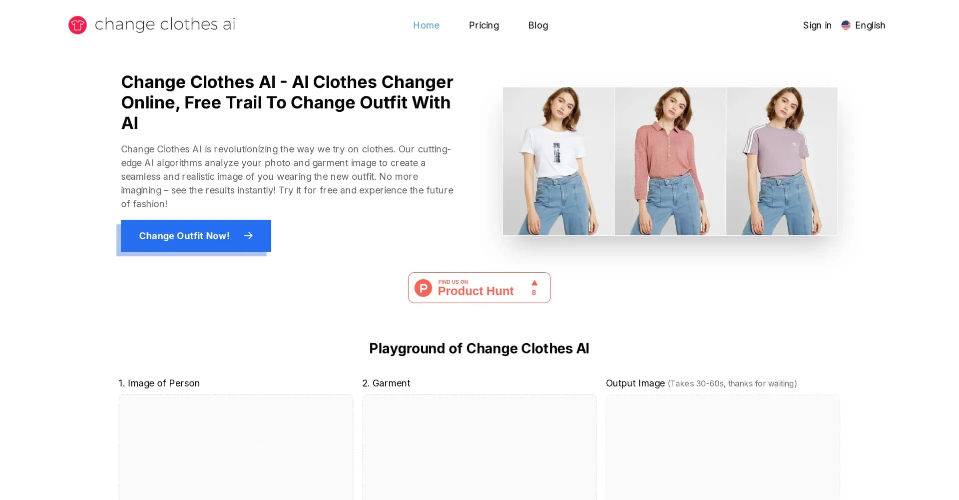 Change Clothes AI homepage screenshot — Swap outfits instantly with AI-powered clothing changes.
