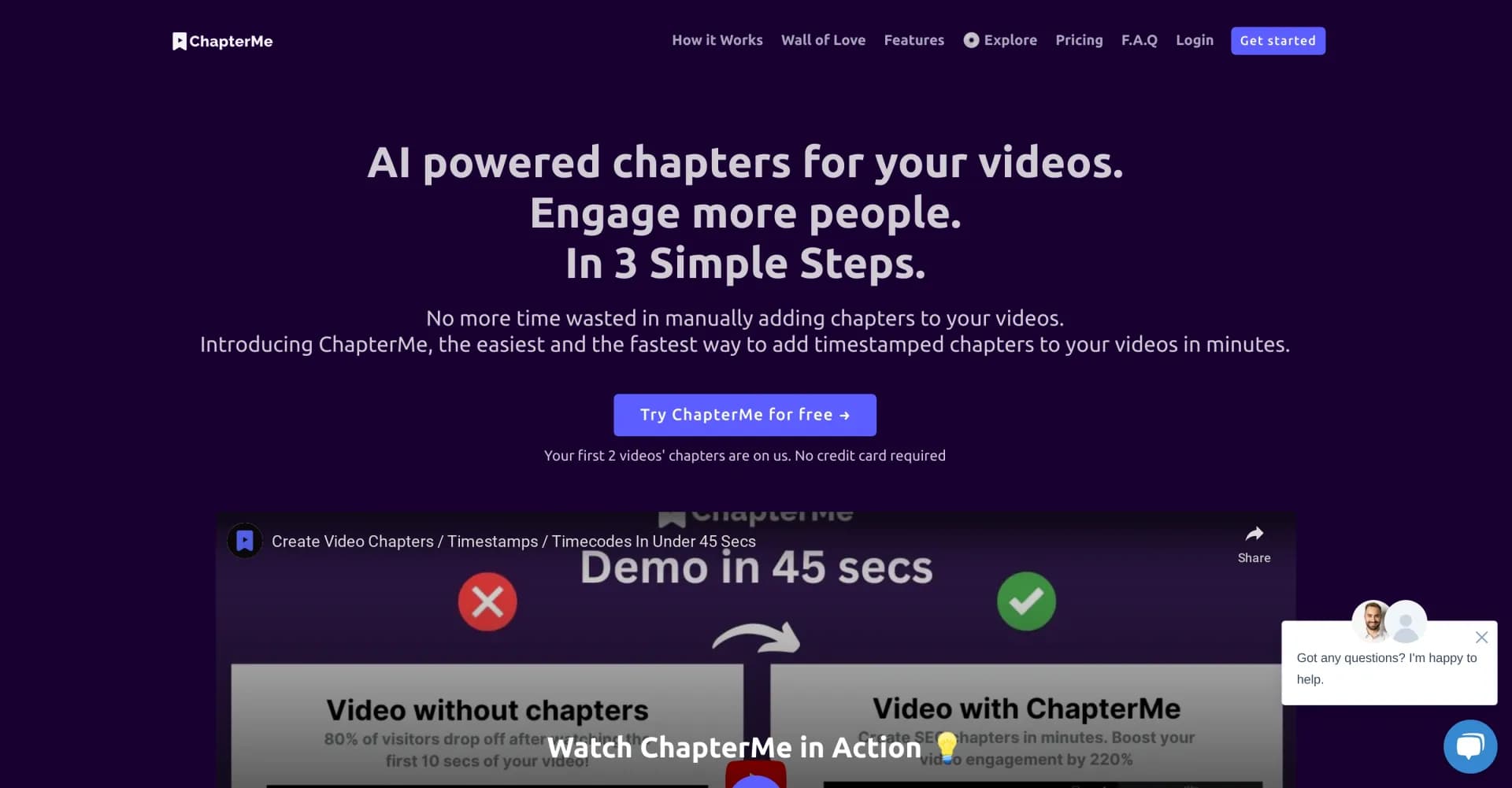 Chapterme homepage screenshot — AI-powered chapters for videos in minutes.