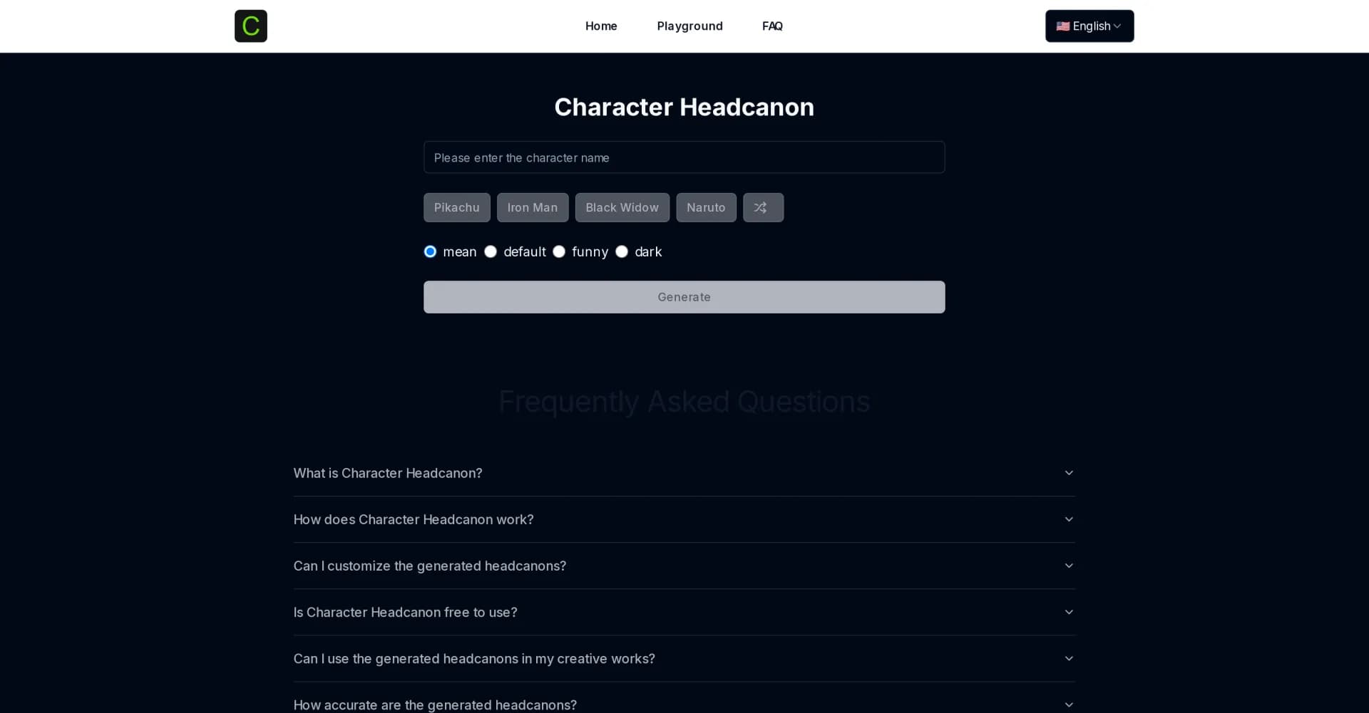 Character Headcanon homepage screenshot — AI-powered backstory generator for writers and gamers.
