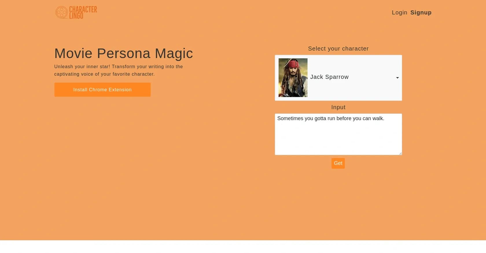 Character lingo homepage screenshot — Transform your words into famous character voices.