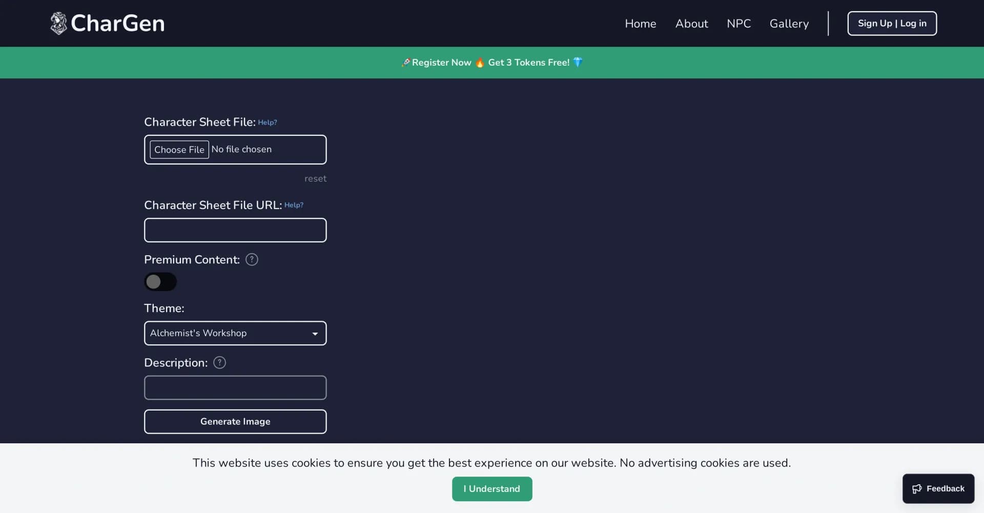 CharGen homepage screenshot — Create stunning D&D character art with AI, effortlessly.
