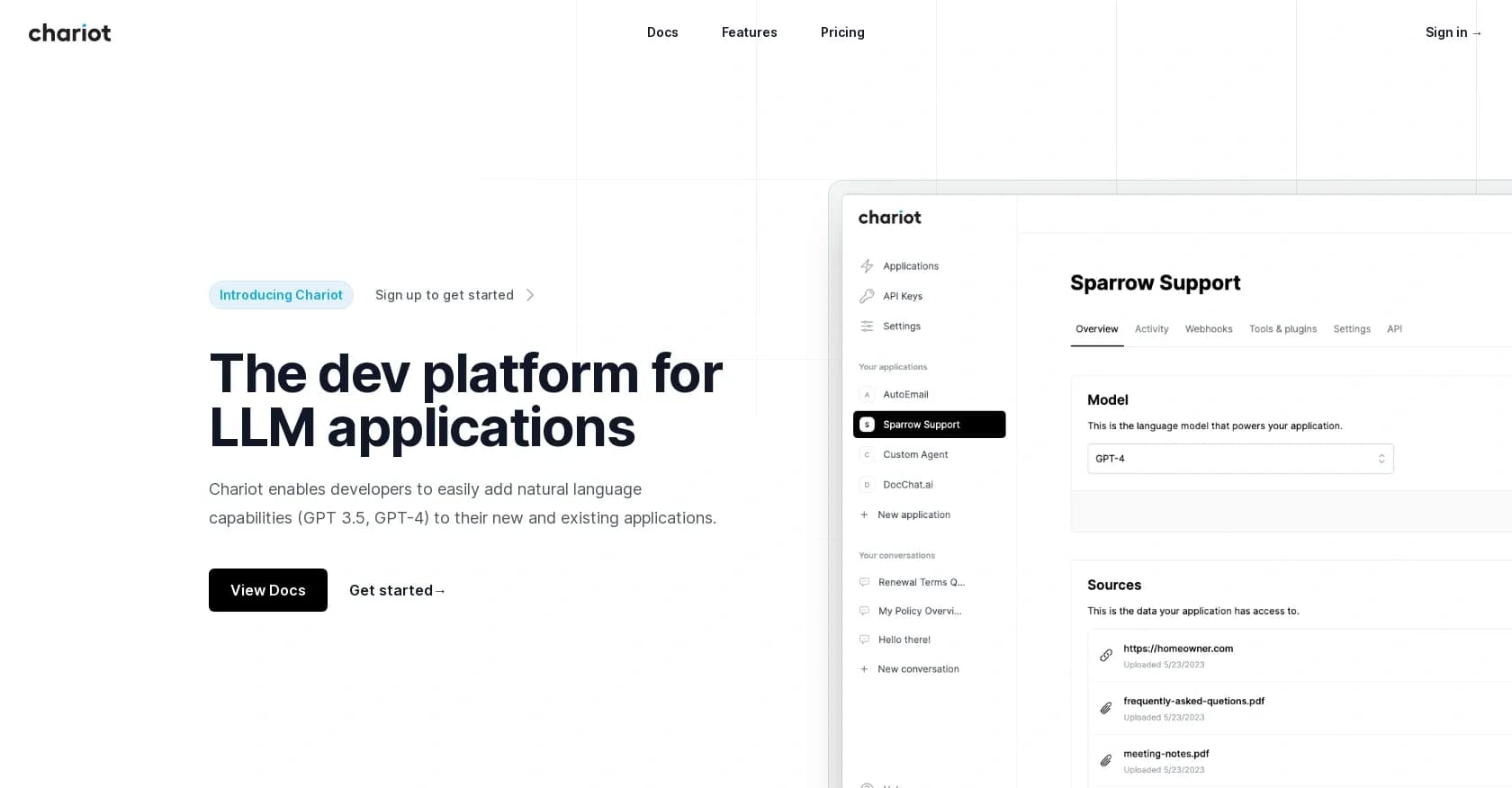 Chariotai homepage screenshot — Add natural language capabilities to your apps easily.