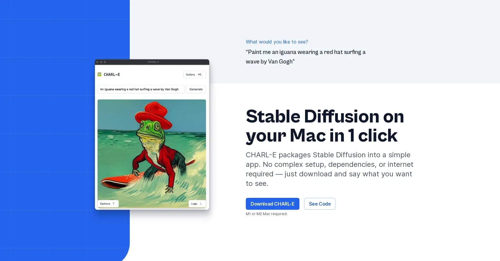 Charl-E homepage screenshot — Create AI art on Mac with one click