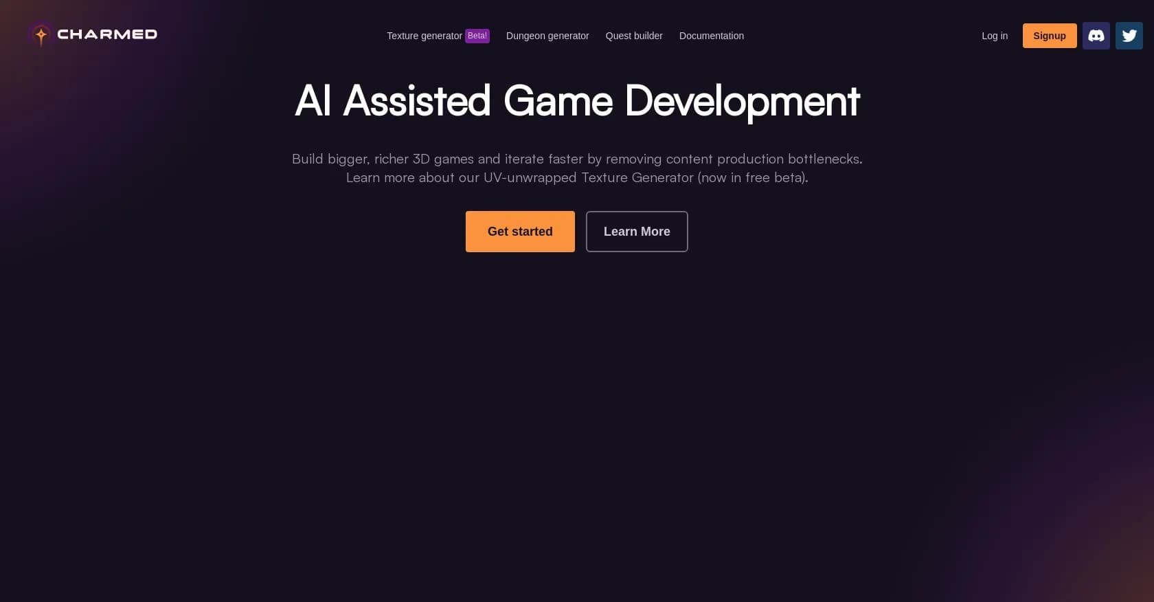 Charmed homepage screenshot — AI-powered game dev tools for faster iteration