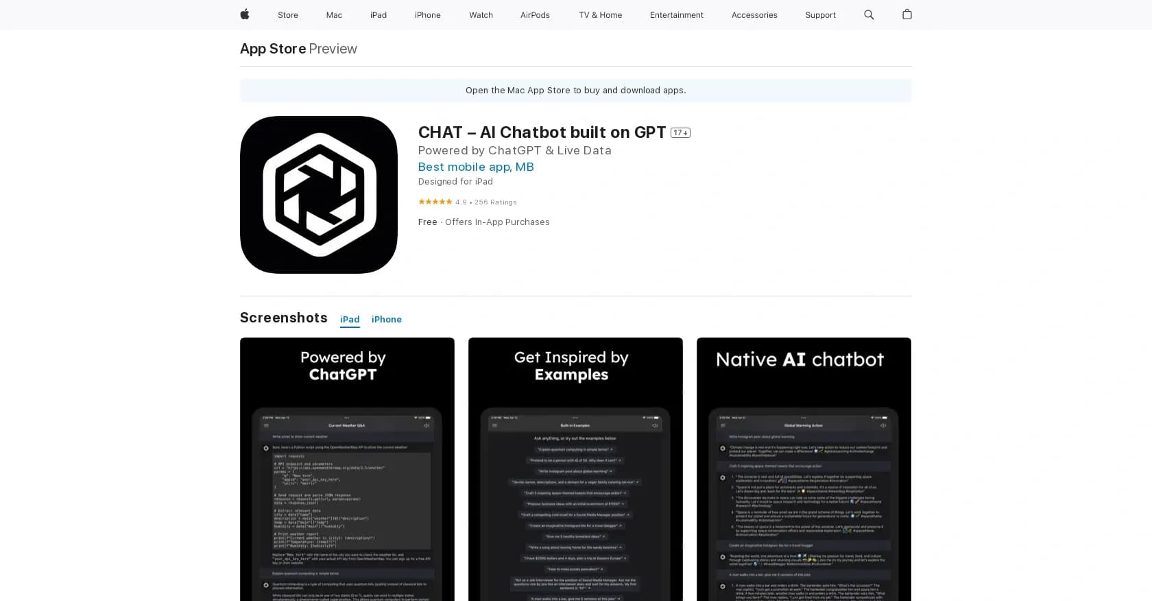 CHAT – AI Chatbot homepage screenshot — iOS conversational agent.