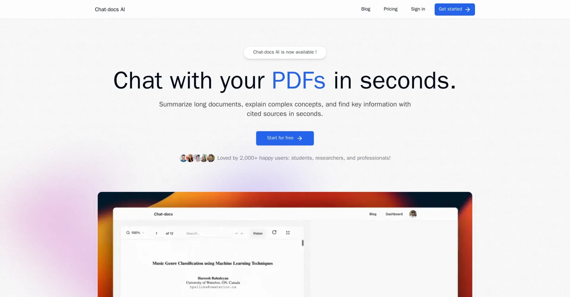 Chat-docs AI homepage screenshot — Chat with PDFs: Summarize, explain, and find info instantly.