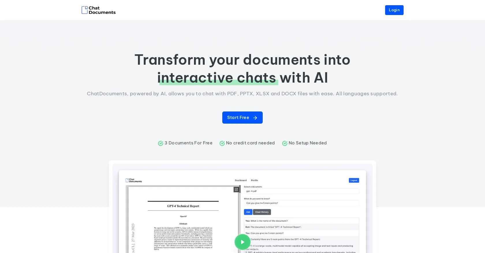 Chat Documents homepage screenshot — Chat with your documents using AI.