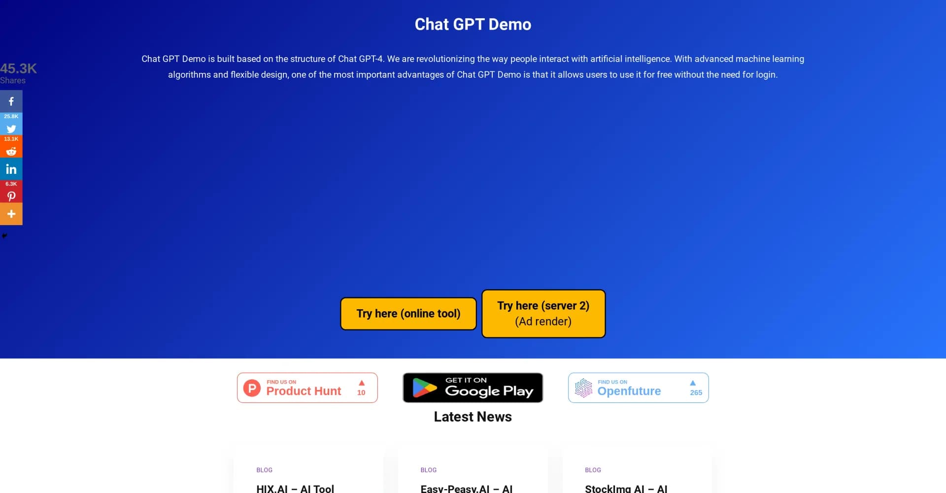 Chat GPT Demo homepage screenshot — Free ChatGPT experience, no login required.