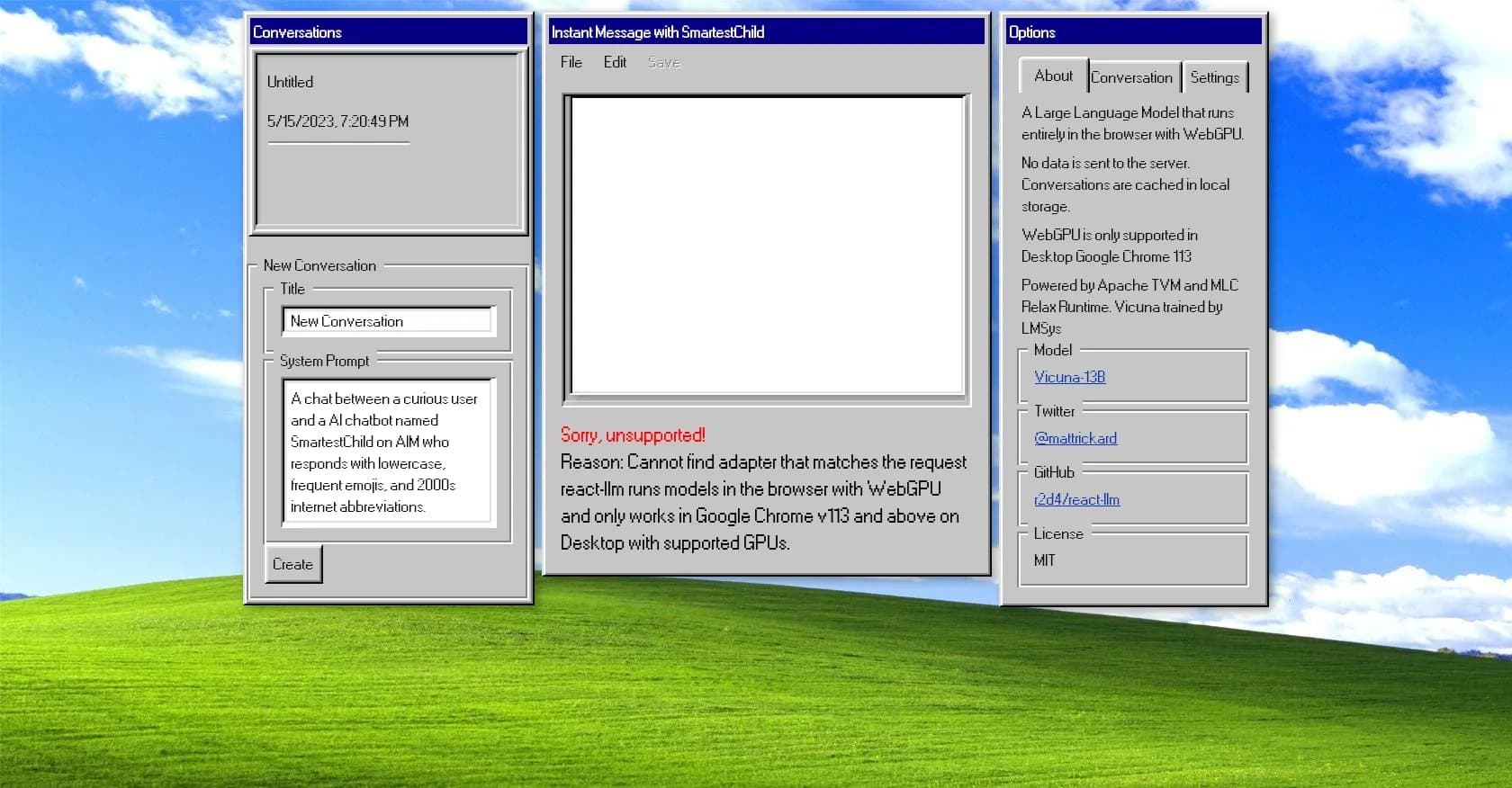 Chat Matt Rickard homepage screenshot — Chat with AI in your browser, no server needed.