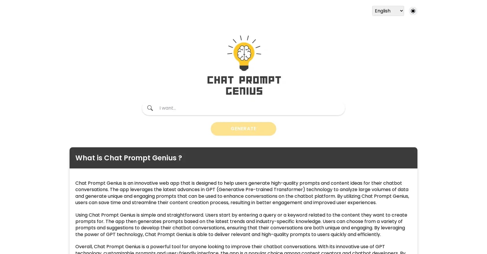 Chat Prompt Genius homepage screenshot — Generate unique prompts for chatbot conversations.