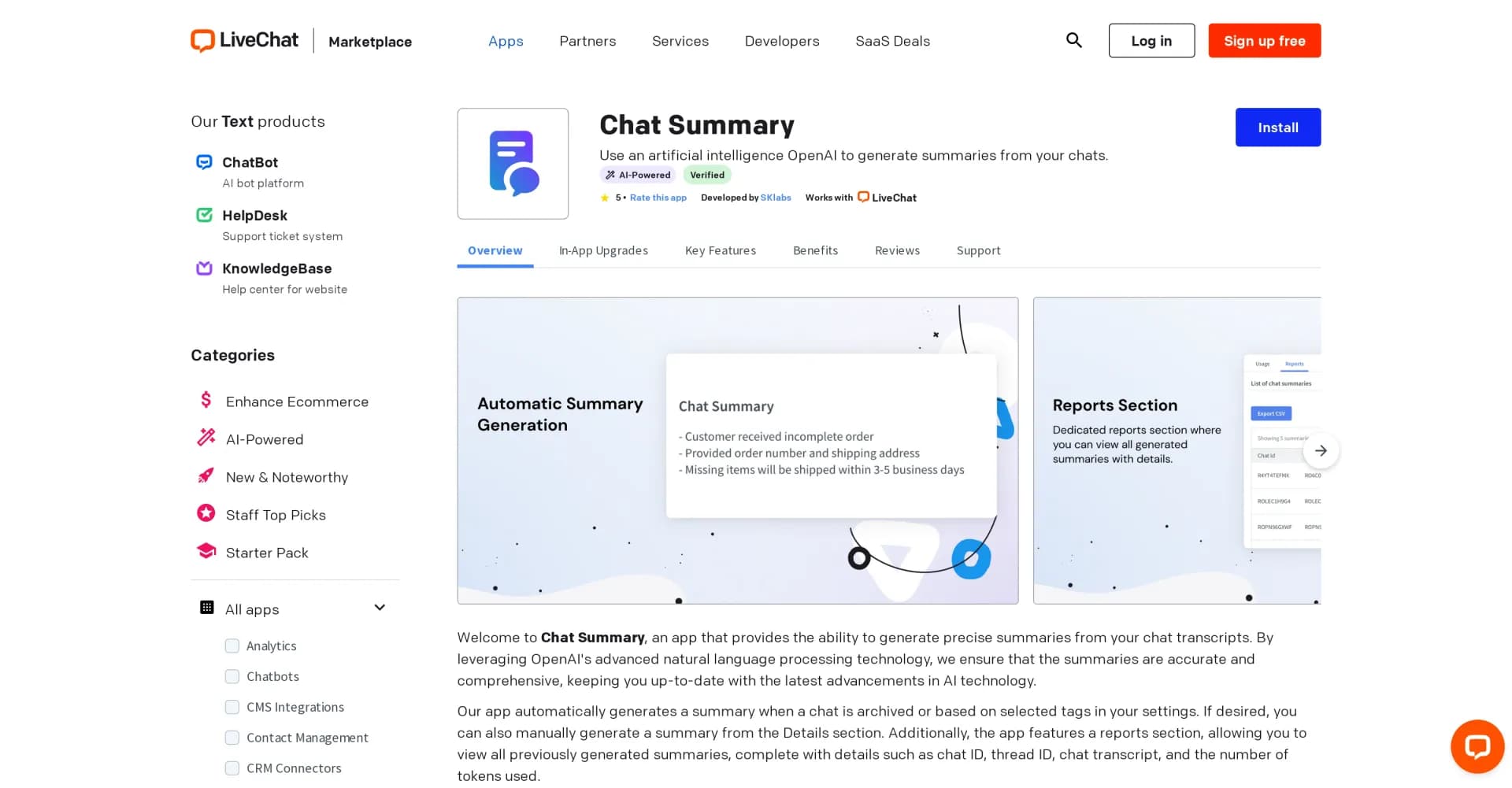 Chat Summary for LiveChat homepage screenshot — Generate AI summaries from your chats.