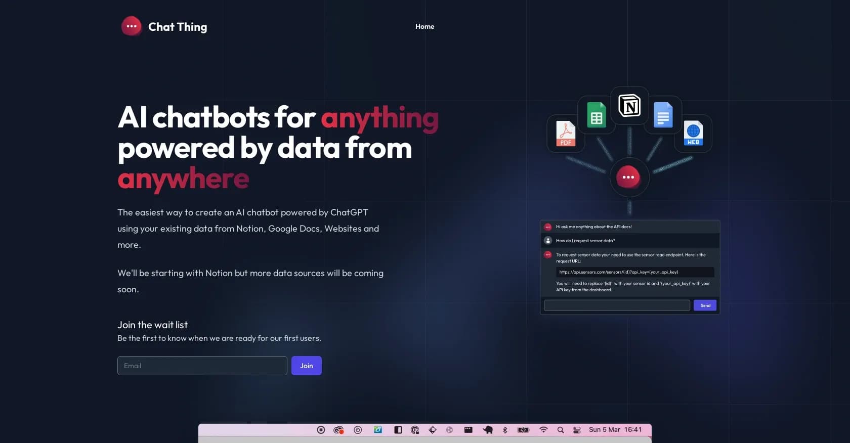 Chat Thing homepage screenshot — Create AI chatbots from your existing data