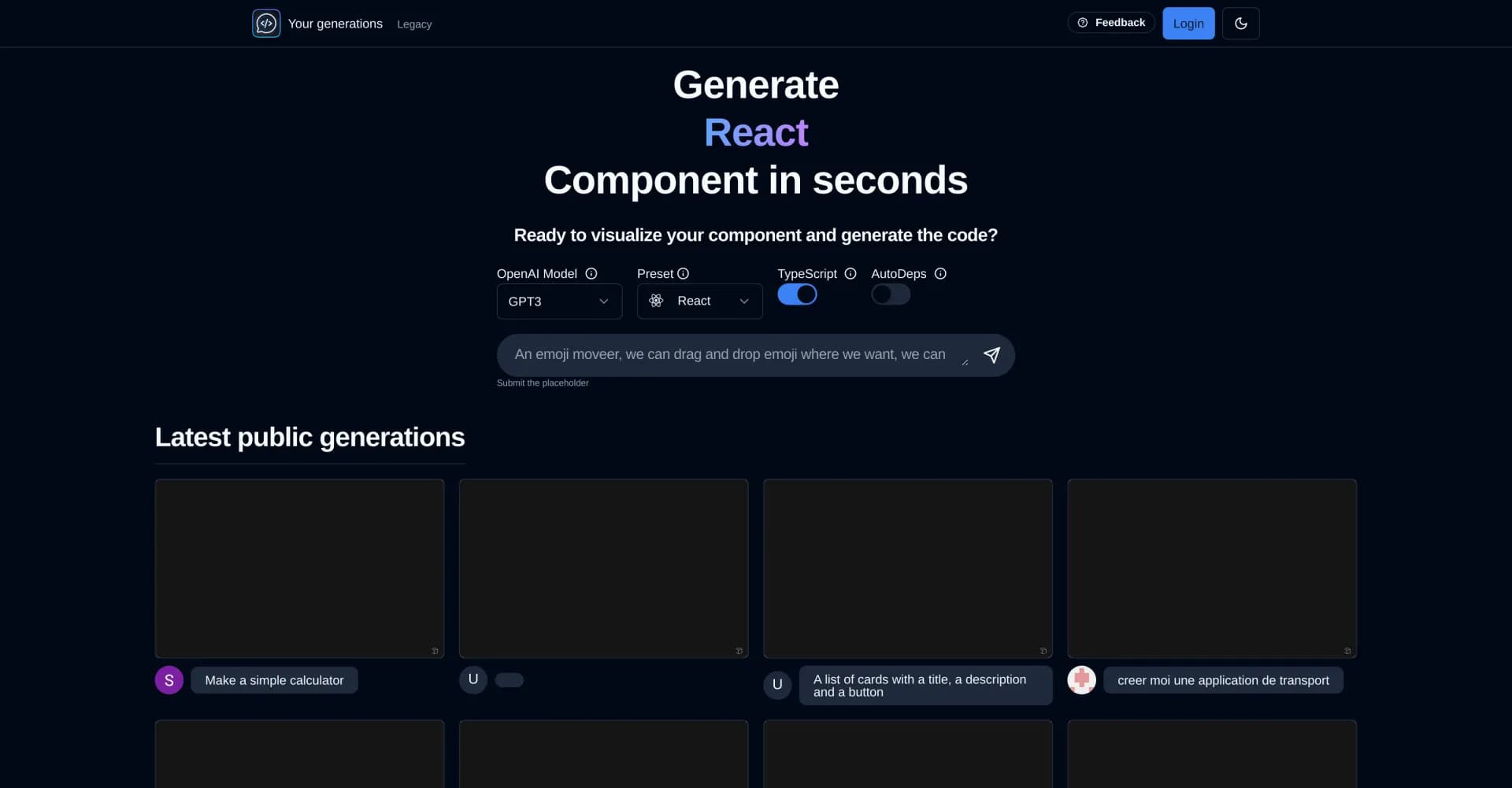 Chat2Code.dev homepage screenshot — AI-driven interactive coding for React components.