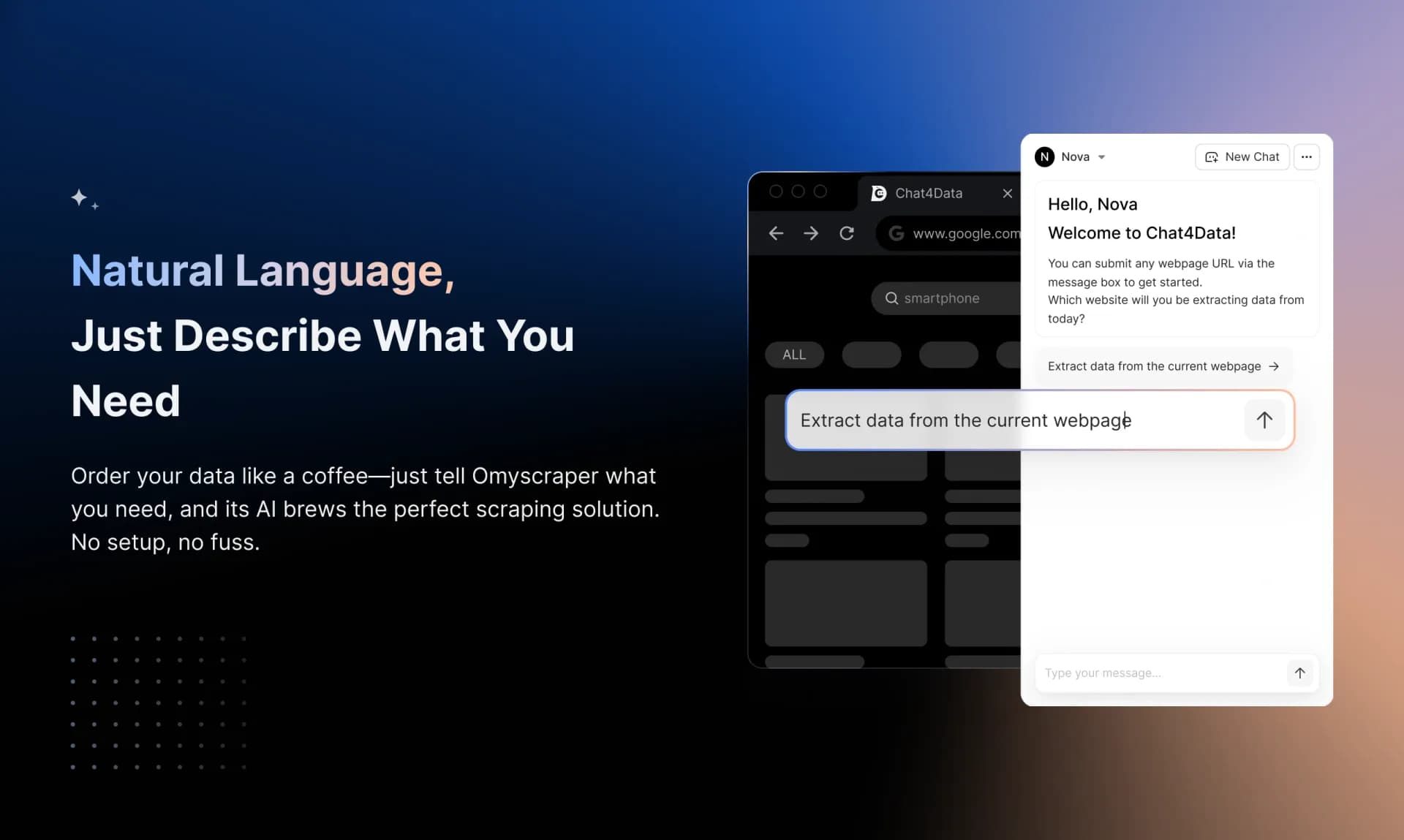 Chat4Data homepage screenshot — Extract web data by chatting with AI.