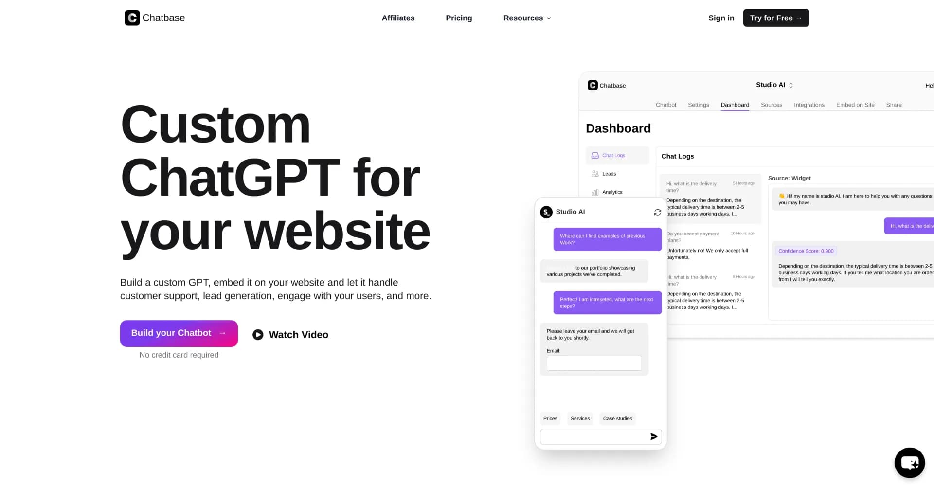 Chatbase homepage screenshot — Build custom AI chatbots for your website