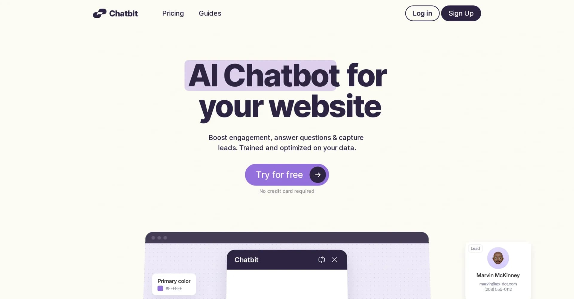 Chatbit homepage screenshot — Train custom AI Chatbot from your data, add to website.
