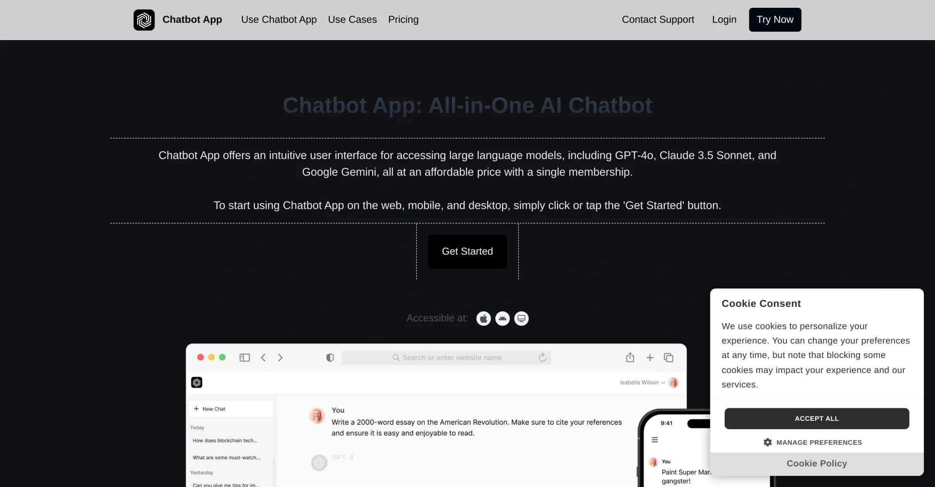 Chatbot App homepage screenshot — Build AI chatbots without coding