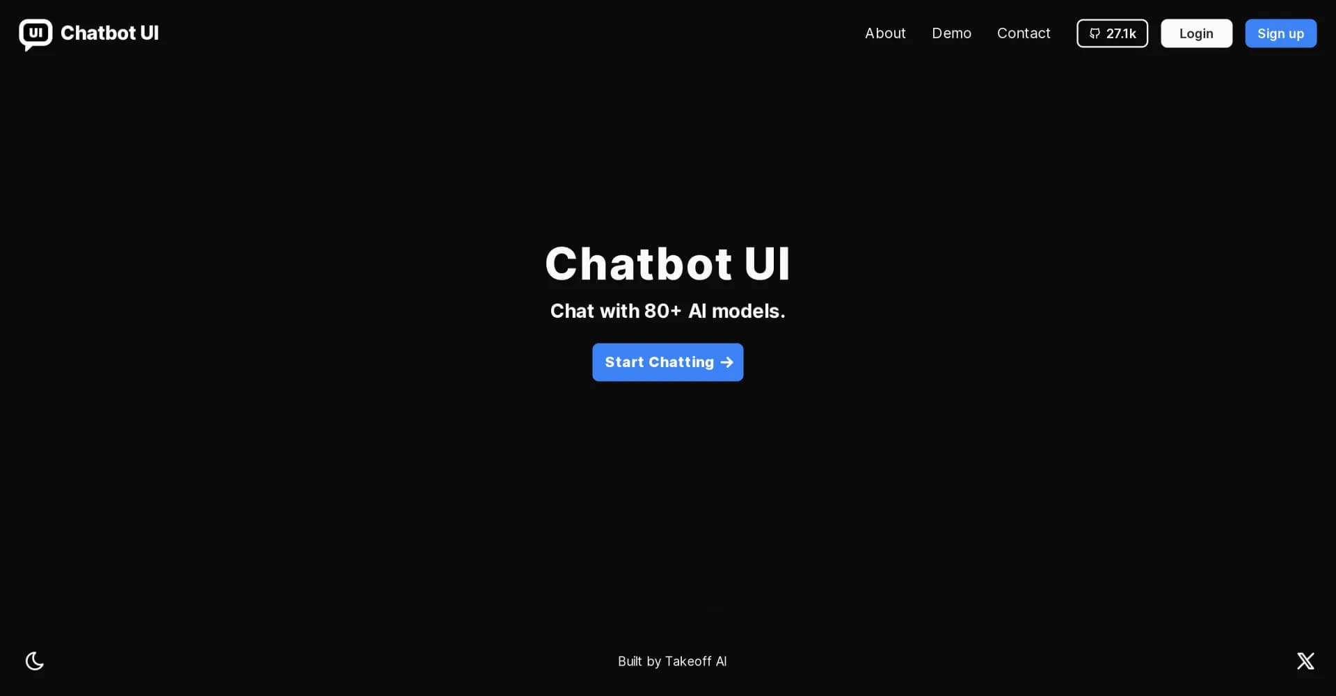 Chatbot UI homepage screenshot — Chat with 80+ AI models effortlessly.