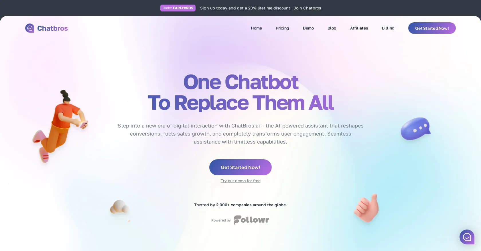 Chatbros homepage screenshot — One chatbot to replace them all.