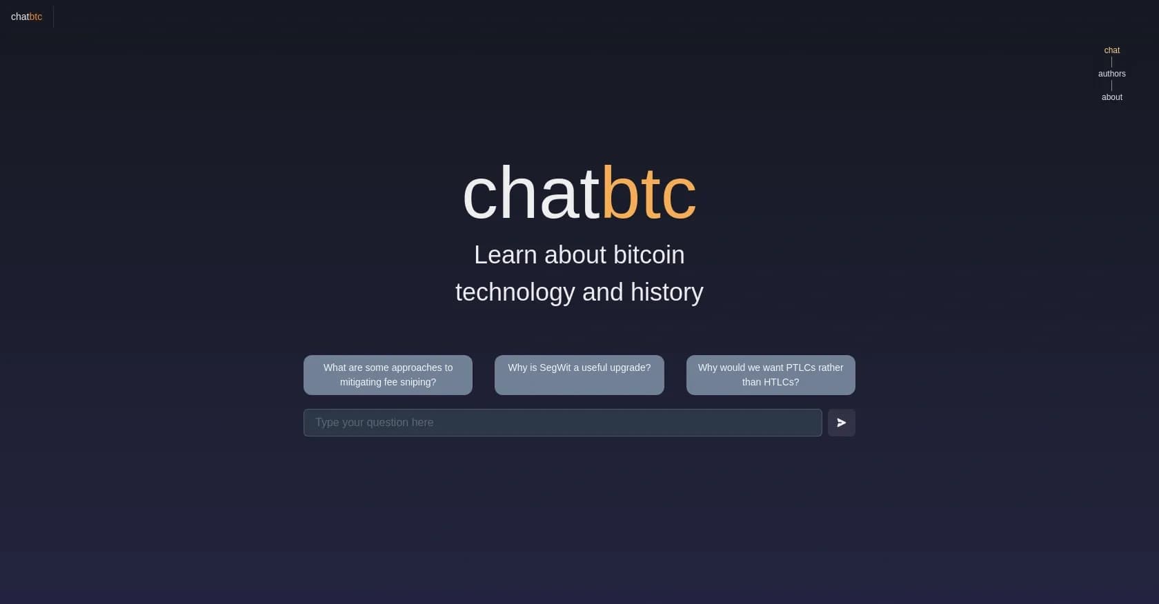 ChatBTC homepage screenshot — Learn about Bitcoin through AI-powered conversations