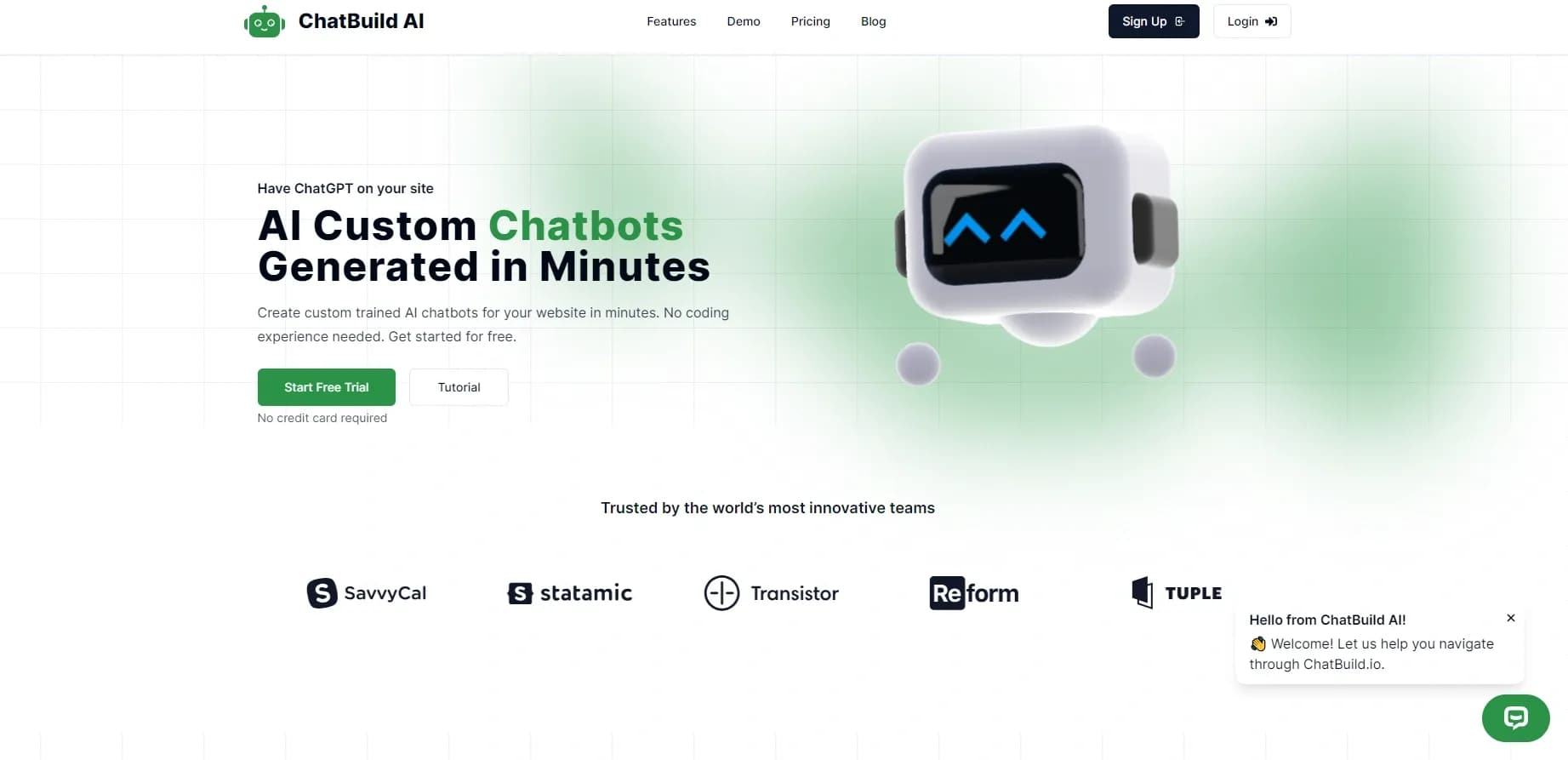 ChatBuild AI homepage screenshot — AI chatbots for your site in minutes, no coding needed.