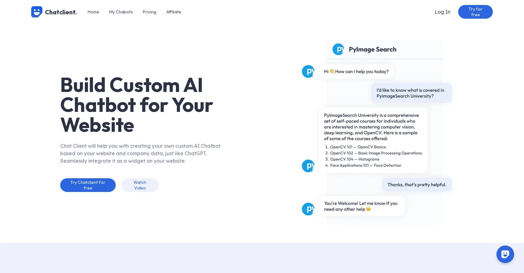 Chatclient homepage screenshot — Build custom AI chatbots from your website data in minutes.