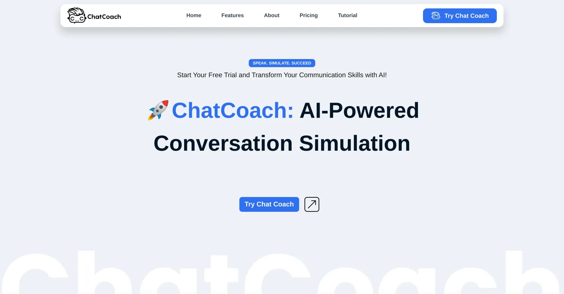 ChatCoach homepage screenshot — AI-driven conversational skill training for real-life succes