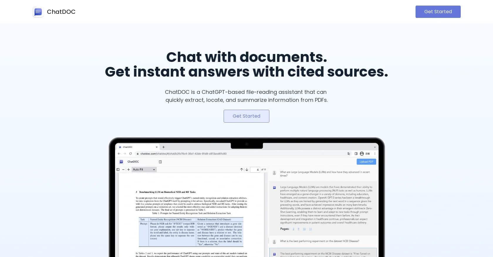 ChatDOC homepage screenshot — Chat with documents for instant, cited answers.