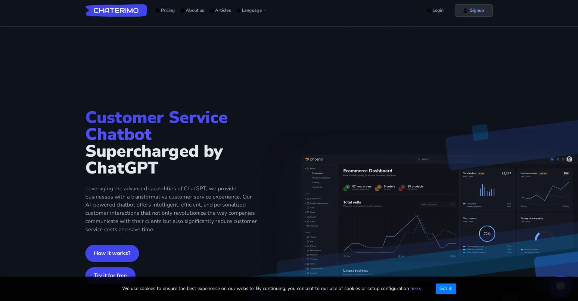 Chaterimo homepage screenshot — Experience unparalleled 24/7 customer care with Chaterimo, p