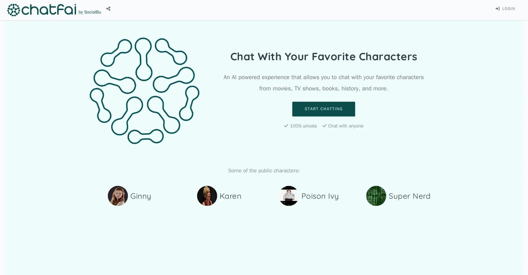 ChatFAI homepage screenshot — Chat with fictional characters from pop culture.
