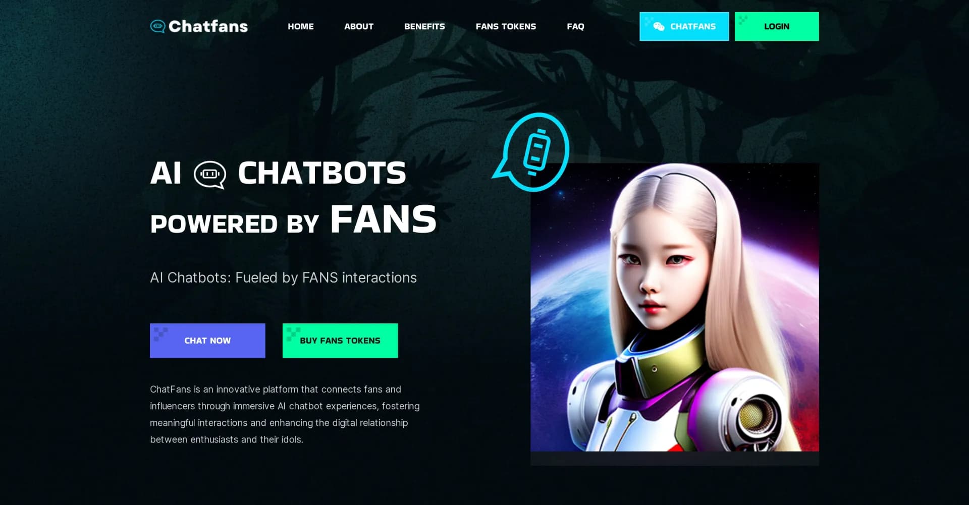 ChatFans homepage screenshot — AI chatbots for personalized celebrity interactions.