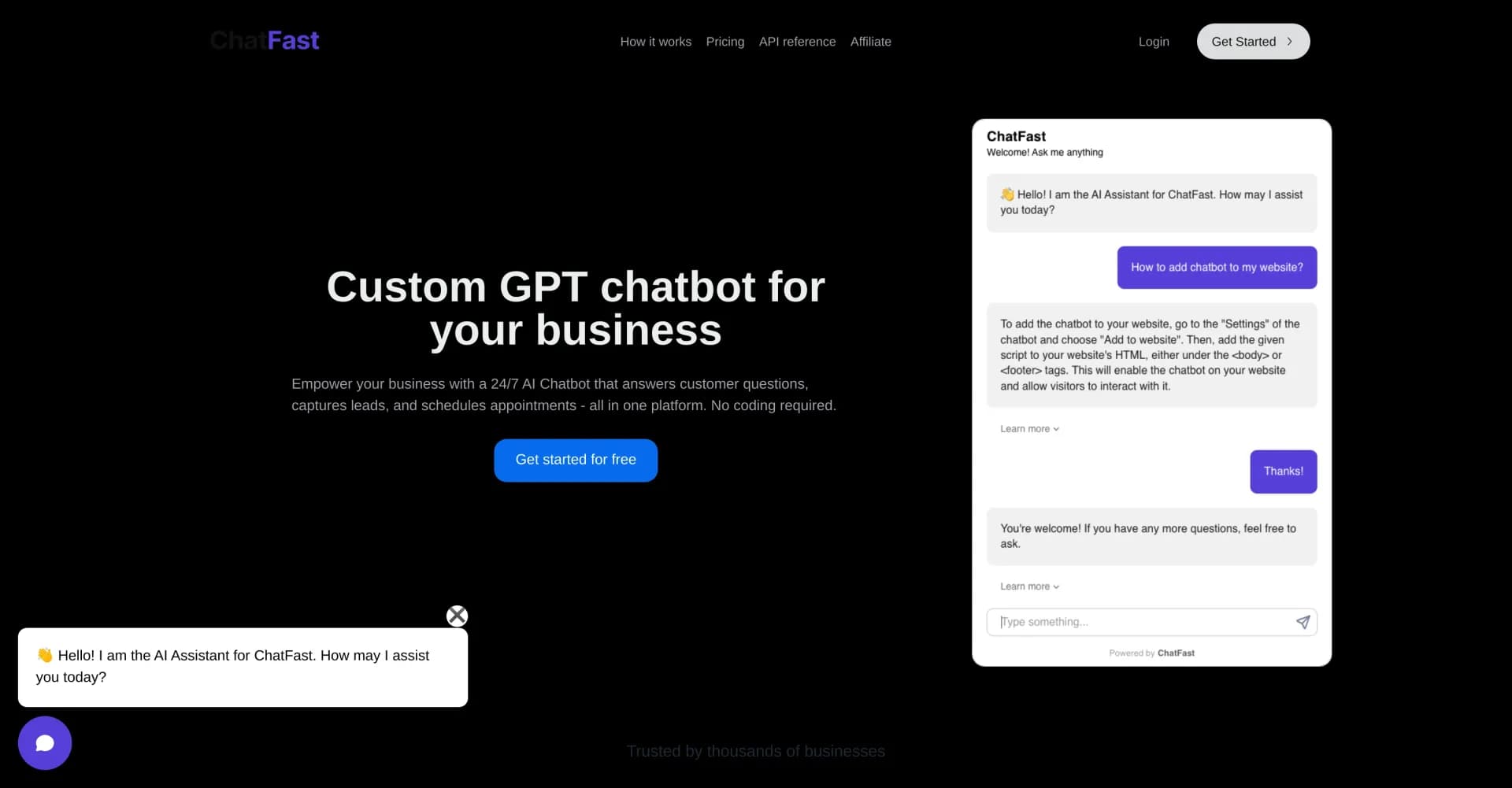 ChatFast homepage screenshot — Create custom AI chatbots for your business