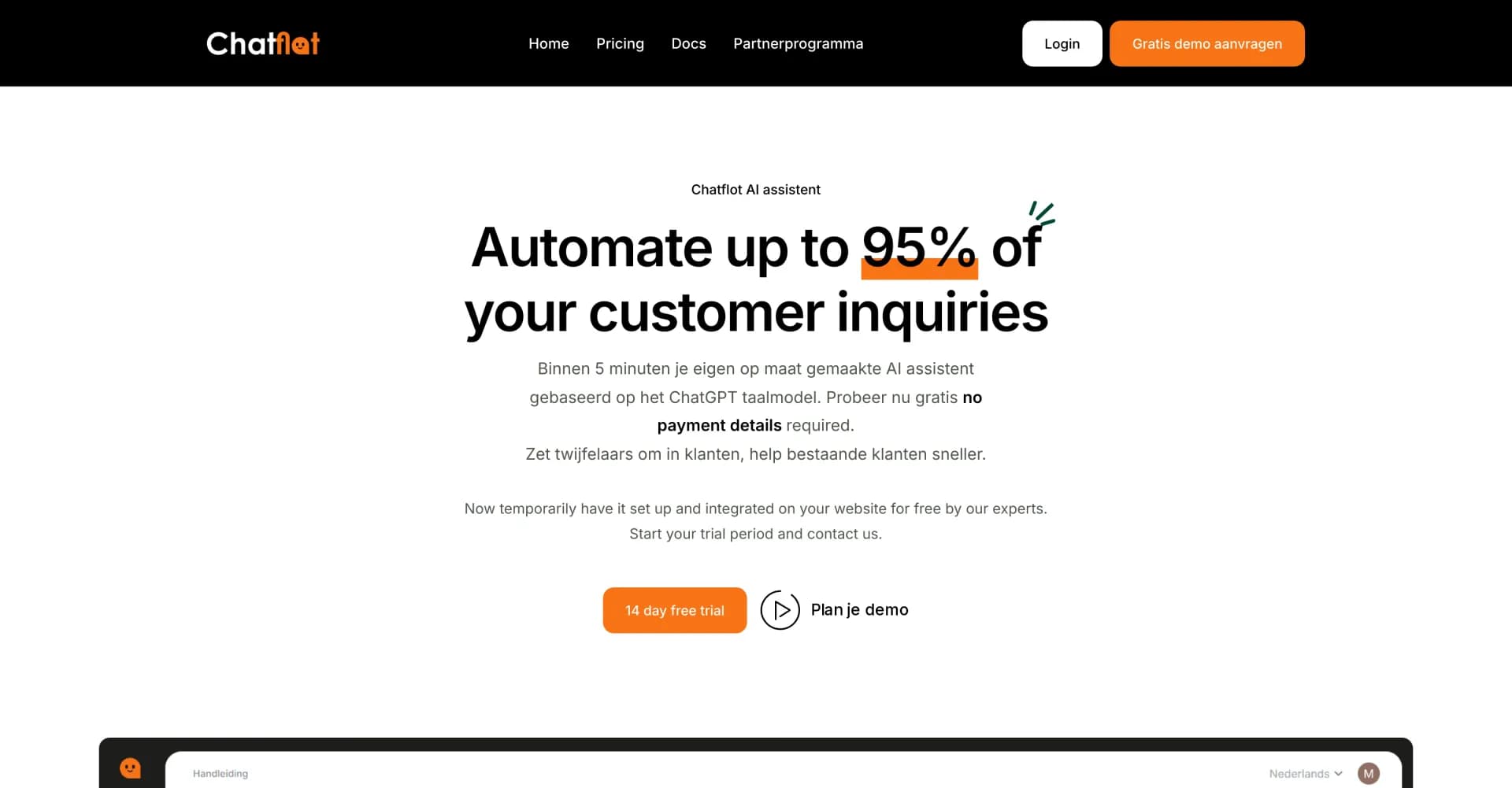 Chatflot AI Chatbot homepage screenshot — Automate customer inquiries with AI chatbots