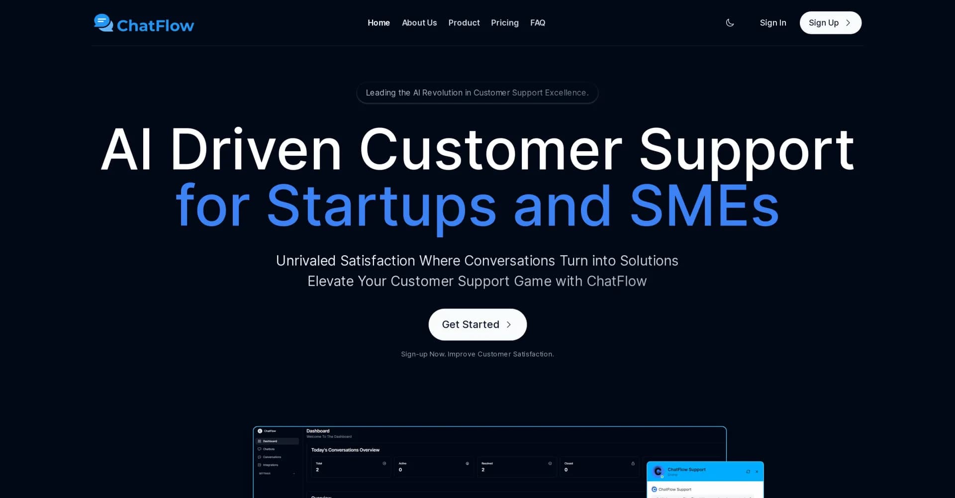 ChatFlow App homepage screenshot — AI-powered support platform for startups and SMEs